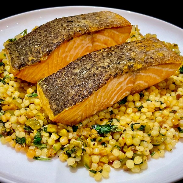 Salmon with fregola & olive salad (Salmone con insalata di fregola e olive)