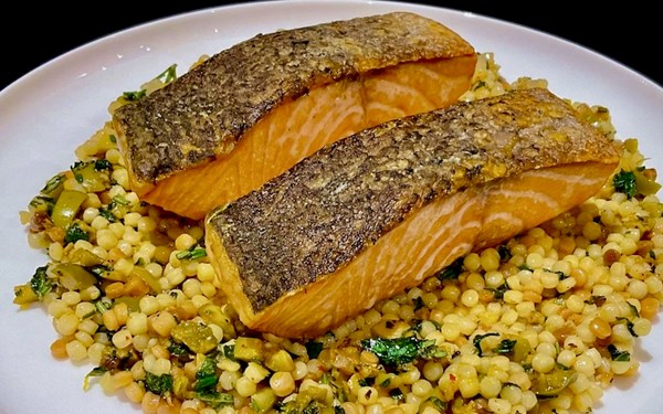 Salmon with fregola salad