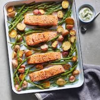 Salmon with green beans and smashed potatoes