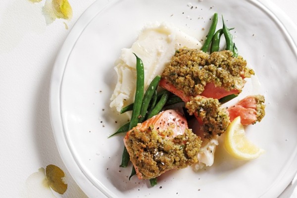 Salmon with green olive, Parmesan & brioche crust