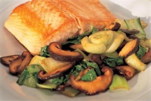 Salmon with greens and shiitake mushrooms