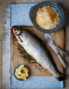 Salmon with herby butter and barberries