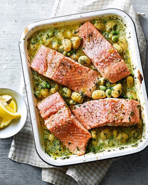 Salmon with herby peas, broad beans and gnocchi