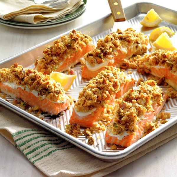 Salmon with horseradish pistachio crust