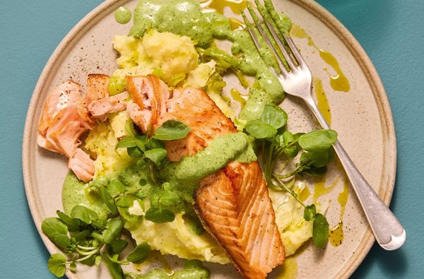 Salmon with leek & potato purée and watercress mayo