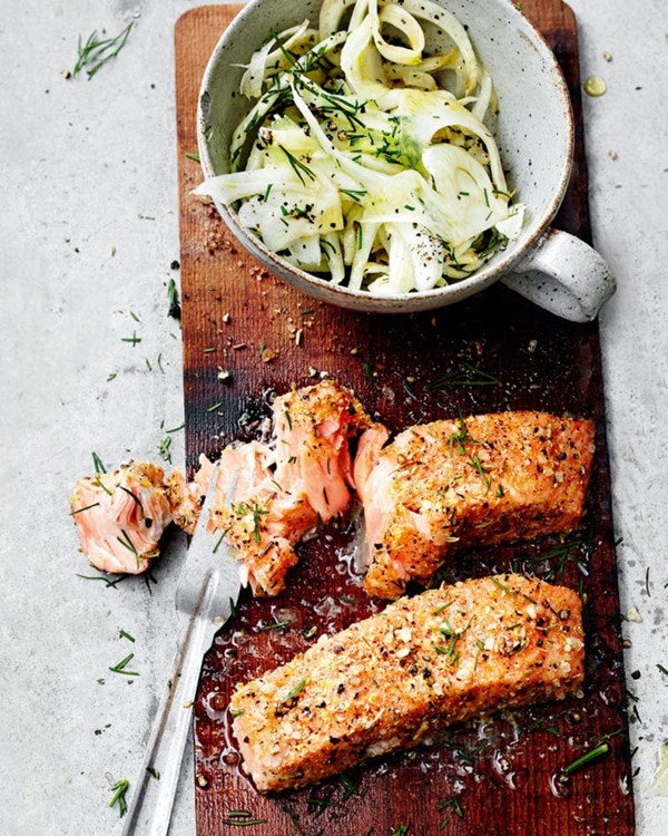 Salmon with lemon and ginger rub and a fennel salad 