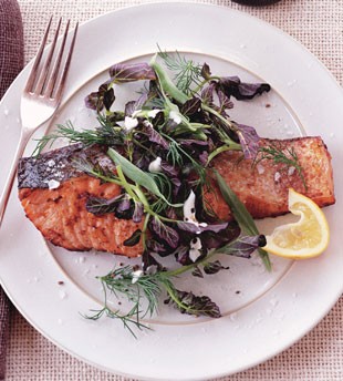 Salmon with lemon-pepper sauce and watercress-herb salad