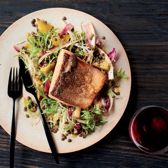 Salmon with lentil-beet salad