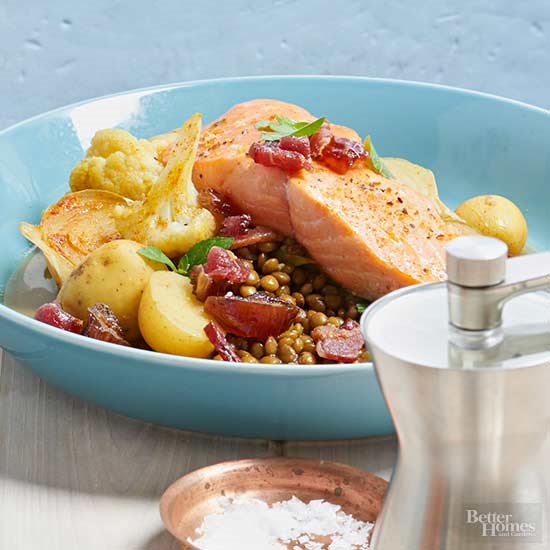 Salmon with lentil hash & bacon