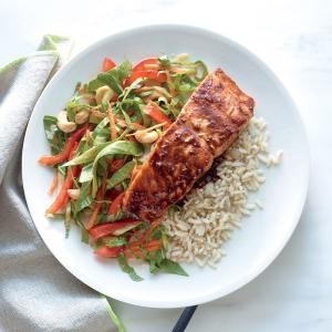 Salmon with lime-hoisin glaze with crunchy bok choy slaw