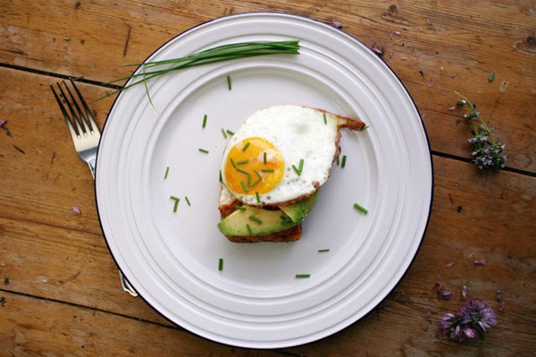 Salmon with mint, avocado and a fried egg