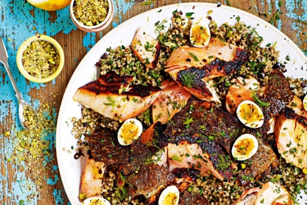 Salmon with Moroccan quinoa & quail eggs