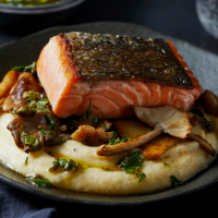 Salmon with mushrooms, polenta & salsa verde