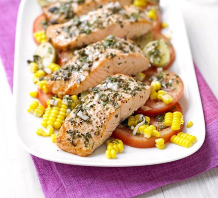 Salmon with new potato, corn salad & basil dressing