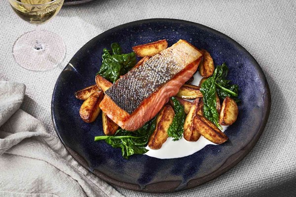 Salmon with new potatoes, spinach, and cider cream