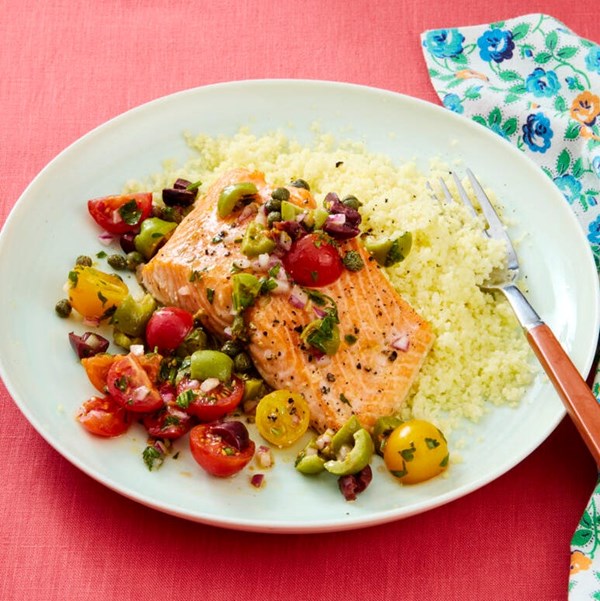 Salmon with olive-caper relish and couscous