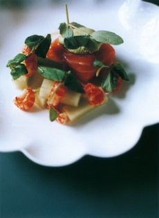 Salmon with pea mousse and crayfish tails