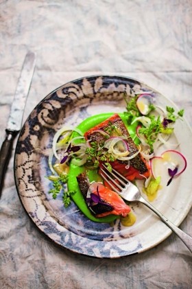 Salmon with pea purée and red radish salad