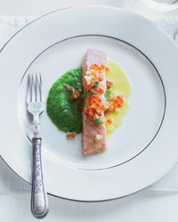 Salmon with pea-wasabi puree and yuzu