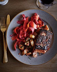 Salmon with pickled carrots and bacon-fried potatoes