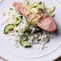 Salmon with pickled cucumber rice