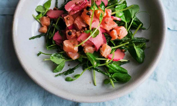 Salmon with pickled rhubarb and samphire