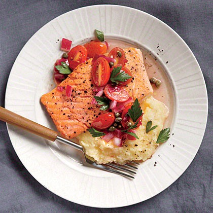 Salmon with polenta and warm tomato vinaigrette