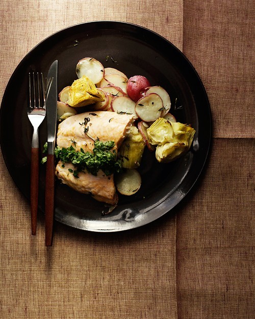Salmon with potato-artichoke hash