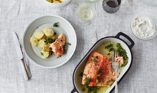 Salmon with potato salad and horseradish yogurt