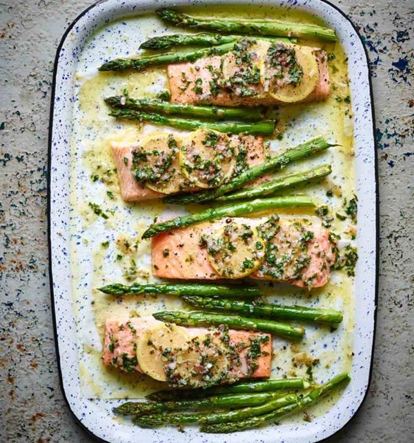 Salmon with preserved lemon butter and asparagus
