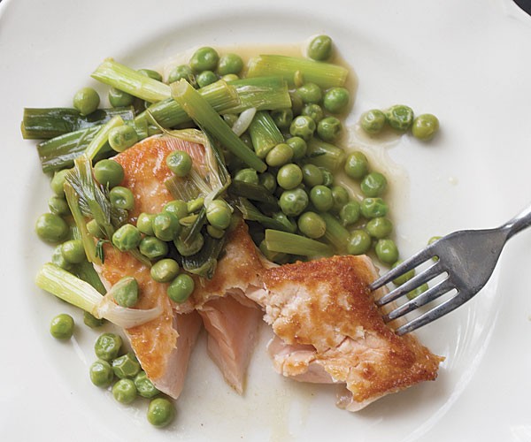 Salmon with ramps and peas