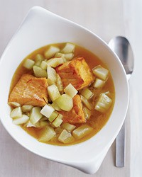 Salmon with saffron-braised cucumber and fennel