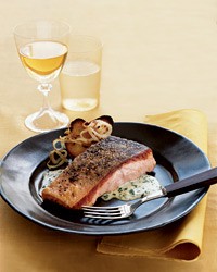 Salmon with Scotch bonnet-herb sauce and onion toasts