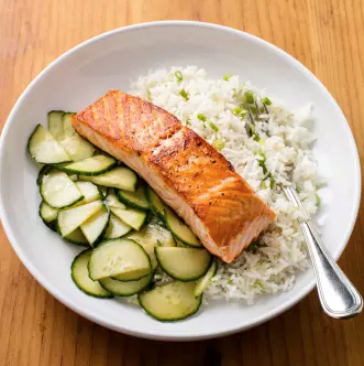 Salmon with sesame-scallion rice and cucumber salad