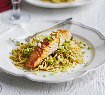 Salmon with sesame, soy & ginger noodles