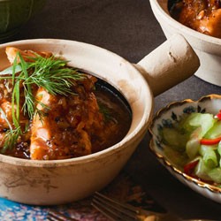 Salmon with shallots, salty caramel and pickled cucumber