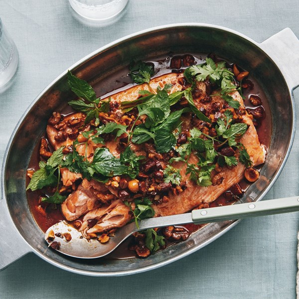 Salmon with sizzled nut salsa