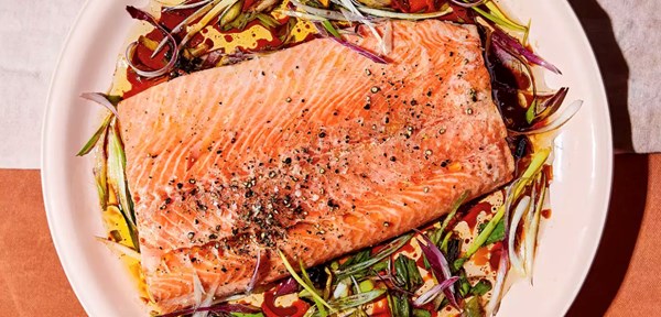 Salmon with soy and citrusy charred scallions