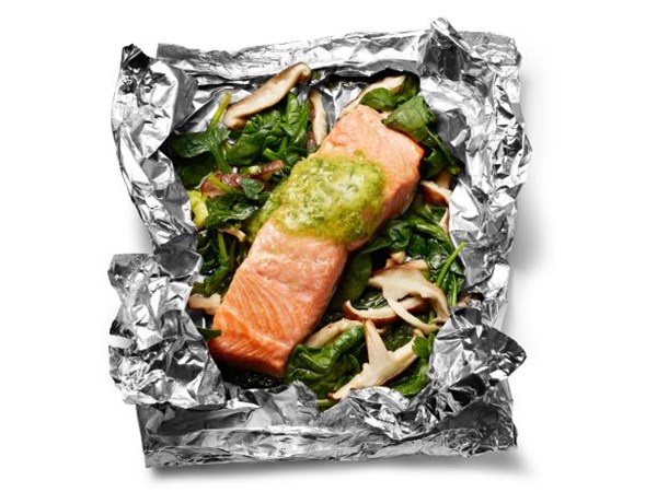 Salmon with spinach, shiitakes and ginger-scallion butter