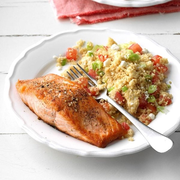Salmon with tomato-goat cheese couscous