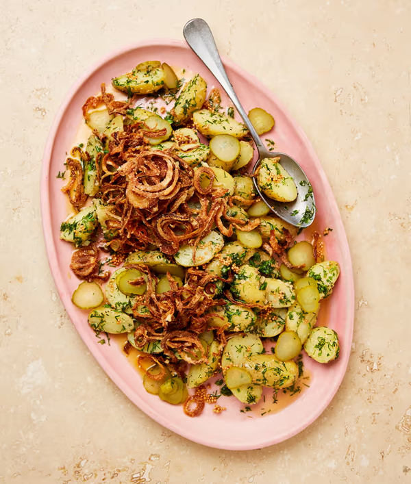 Salmony potato salad with crisp onions