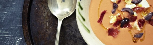 Salmorejo-style tomato soup with hard-boiled eggs, olives and crisp-fried ham