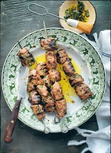 Salmoriglio lamb skewers with caper mint sauce
