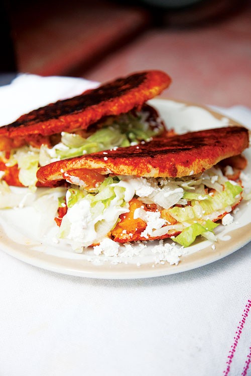 Salsa-dipped potato and chorizo sandwiches (Pambazos)