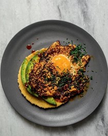 Salsa macha fried egg taco with sliced avocado + chives