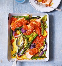 Salsa salmon and summer veg traybake