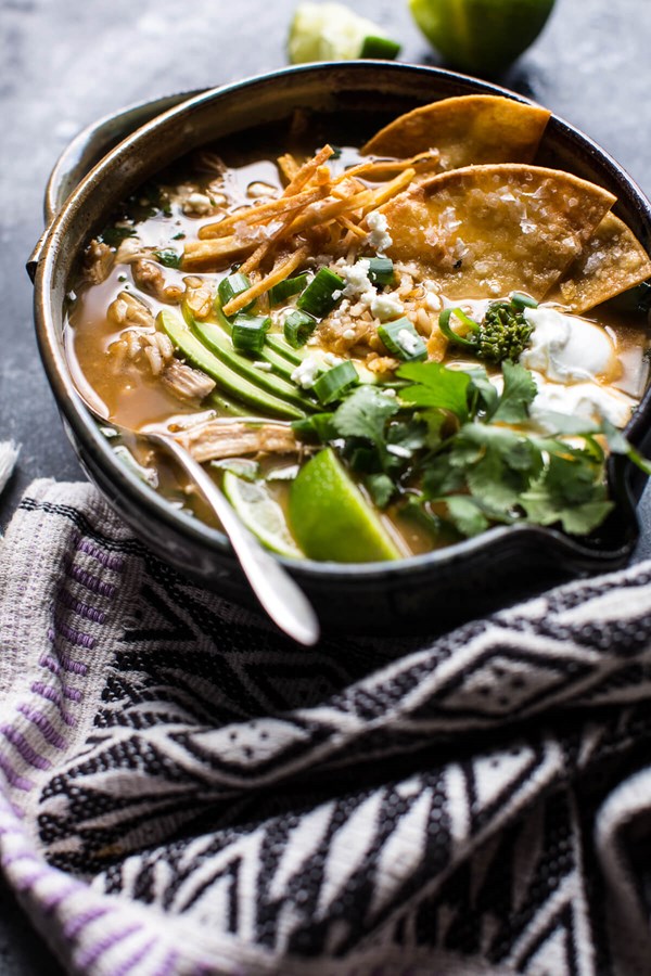 Salsa verde chicken and rice tortilla soup
