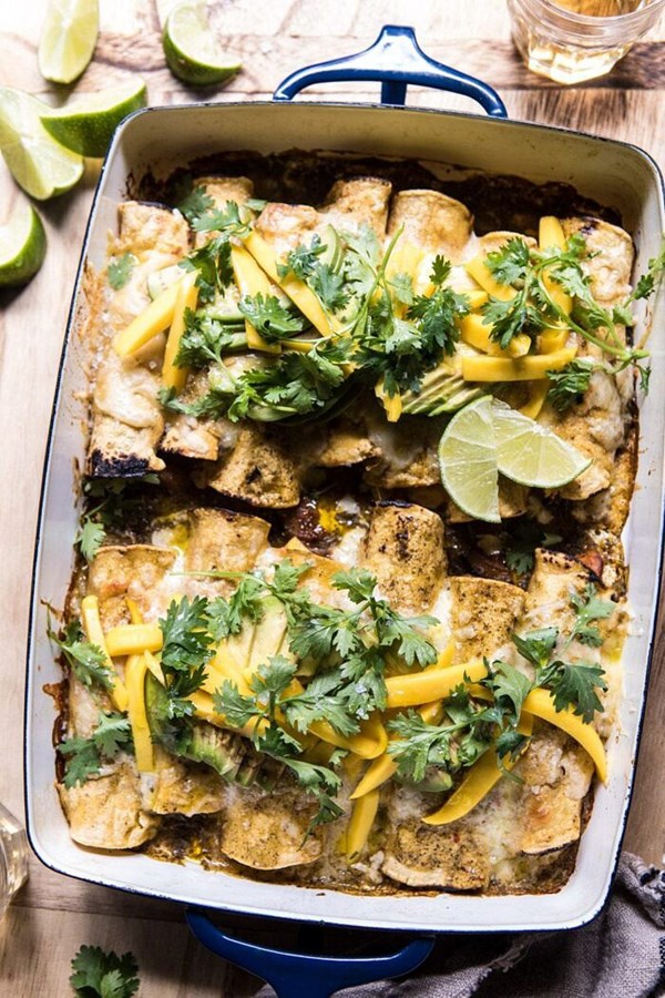 Salsa verde chicken and zucchini enchiladas with mango