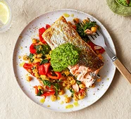 Salsa verde salmon with smashed chickpea salad