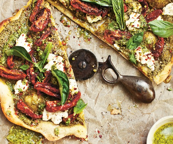 Salsa verde, semi-dried tomato and labna pizza